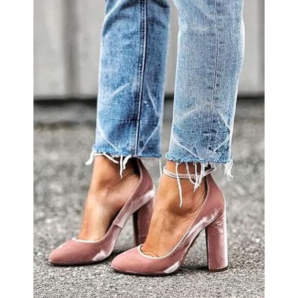 Aquazzura Alix Pink Velvet Ankle Strap Pump Block Heels Size 36 - Picture 1 of 5